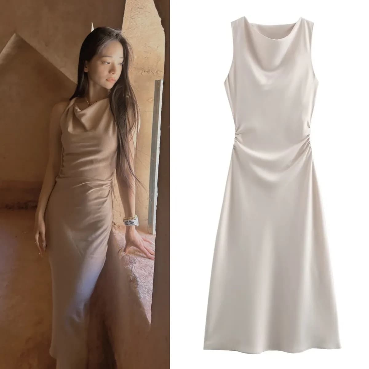 Draped Cowl-Neck Satin Slip
