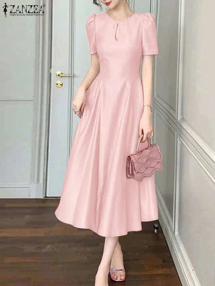 Glossy Satin Puff-Sleeve Dress