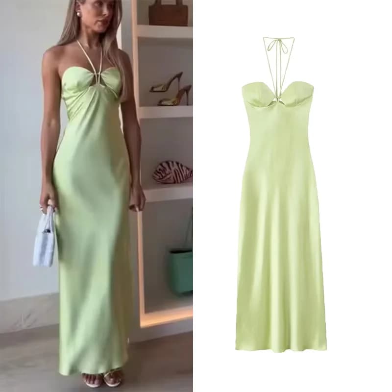 Tie-Neck Satin Midi Dress