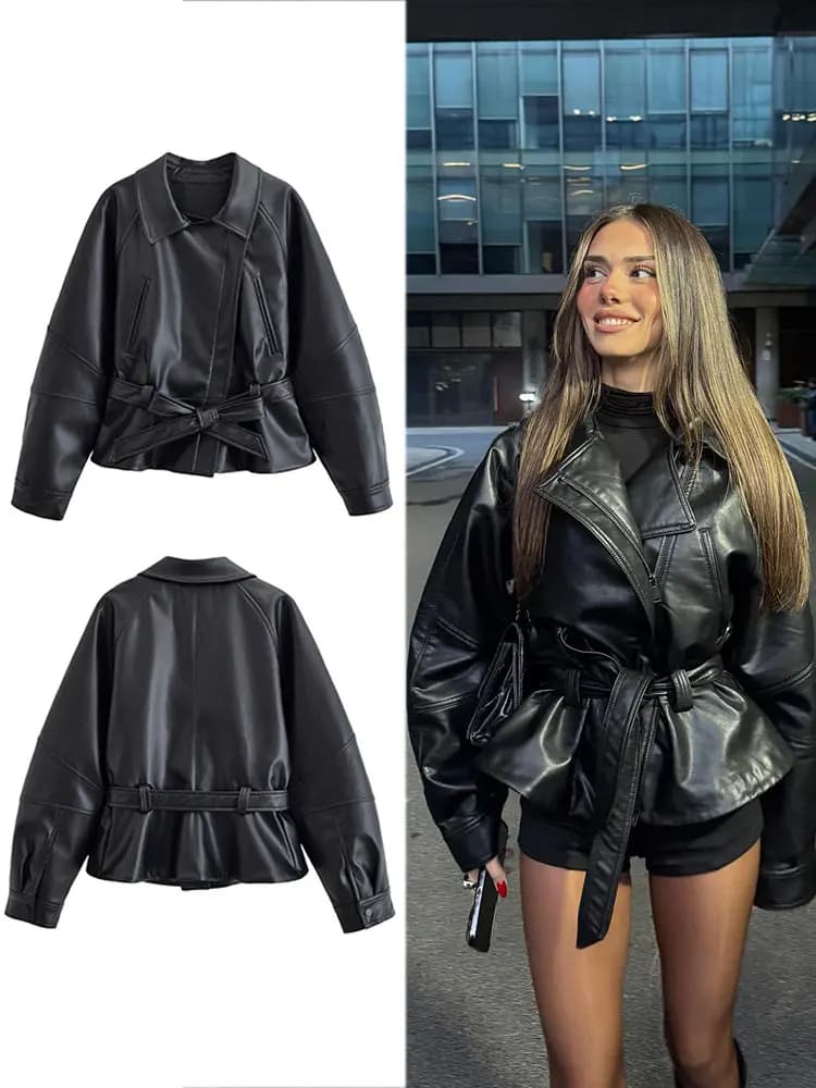 Black Faux-Leather Trench
