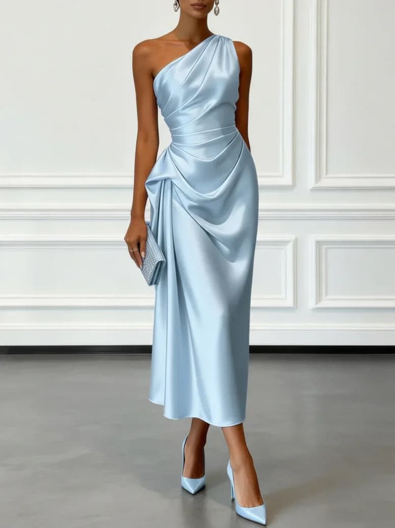 One-Shoulder Ruched Satin Midi